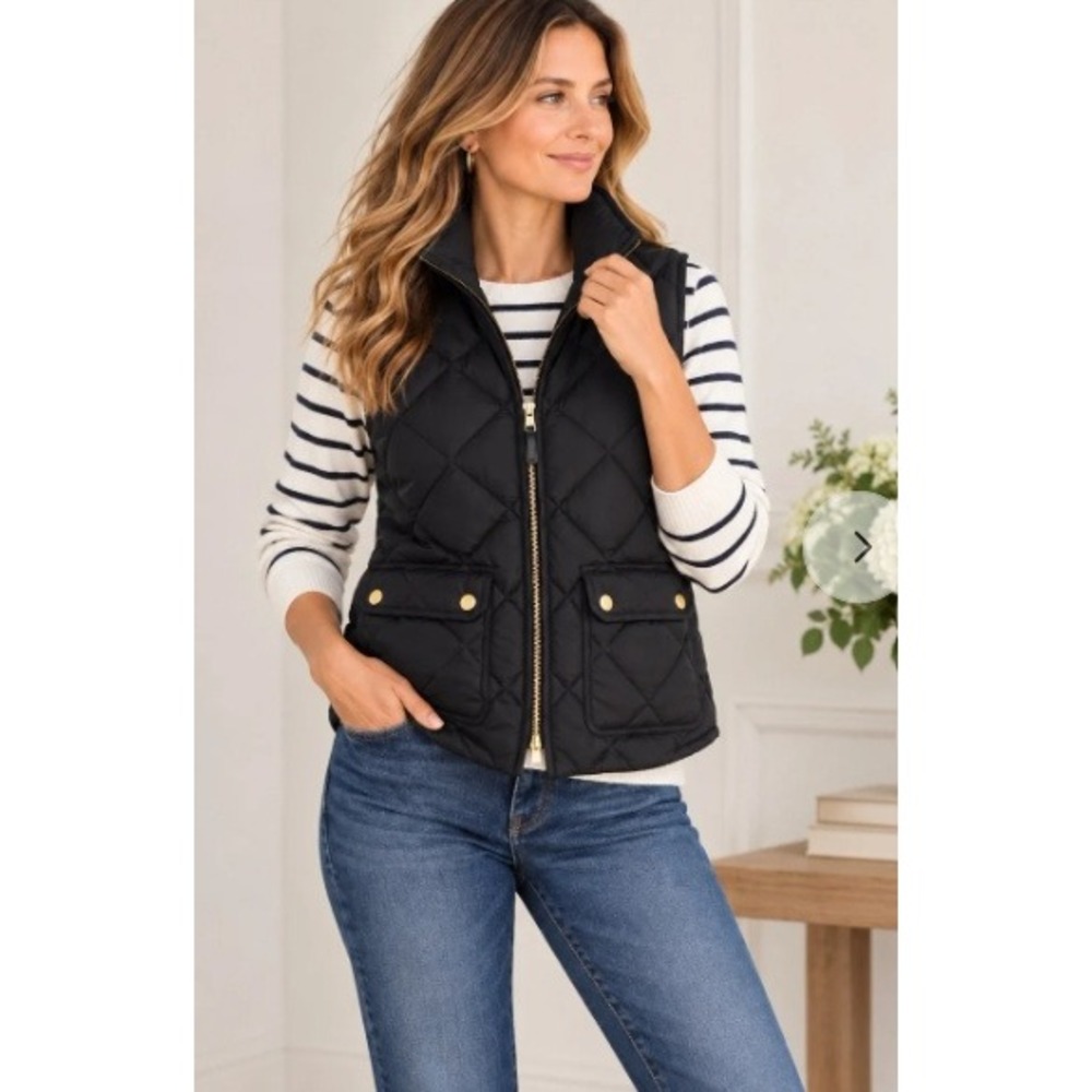 J. Crew Black Quilted Down Puffer Vest Small Classic Old Money Equestrian Cozy